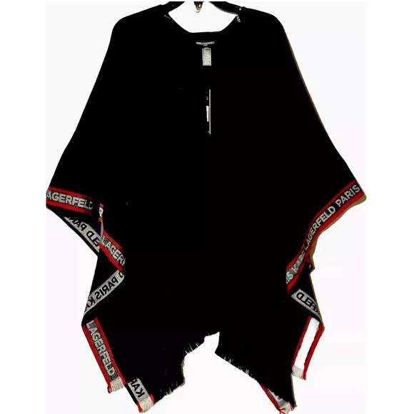 Karl Lagerfeld Paris ONE SIZE Shawl Wrap Cape w/ Logo Signature Trim Black - Picture 1 of 6